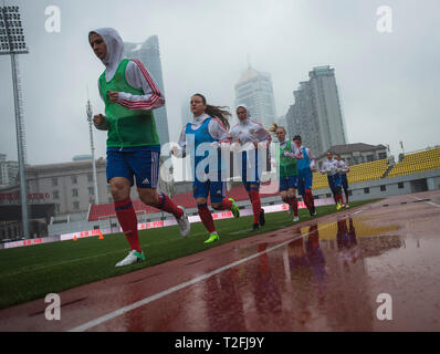 Wuhan, China's Hubei Province. 2nd Apr, 2019. Players of Russia attend a training session ahead of the 2019 Wuhan Women's International Football Championships match against China in Wuhan, central China's Hubei Province, April 2, 2019. Credit: Xiao Yijiu/Xinhua/Alamy Live News Stock Photo
