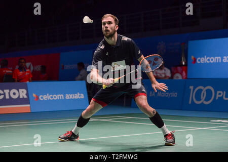 Kuala Lumpur, Malaysia. 2nd Apr, 2019. Jan O Jorgensen of Denmark competes during the Malaysia Open men's singles first round match against Kento Momota of Japan in Kuala Lumpur, Malaysia, April 2, 2019. Kento Momota won 2-1. Credit: Chong Voon Chung/Xinhua/Alamy Live News Stock Photo