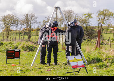 Ballyhalbert, County Down, Northern, Ireland. 02nd Apr, 2019. Detective Specialist search officers search underground areas for the body of Lisa Dorrian, who went missing in 2005 following a party in a caravan park. They have revisited a WW2 airfield beside the park with new technology, including Ground Penetrating Radar, to conduct searches of underground voids, and will move on to search the caravan park using this. Credit: Stephen Barnes/Alamy Live News Stock Photo