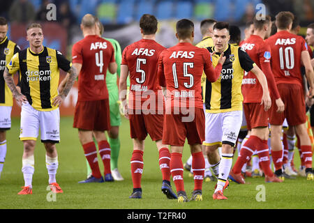ARNHEM, 02-04-2019, GelreDome, season 2018 / 2019, Vitesse en AZ players after the match Vitesse - AZ Stock Photo