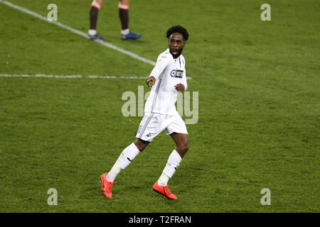 Swansea, UK. 02nd Apr, 2019. Nathan Dyer of Swansea city (12) celebrates after he scores his teams 2nd goal. EFL Skybet championship match, Swansea city v Brentford at the Liberty Stadium in Swansea, South Wales on Tuesday 2nd April 2019.  this image may only be used for Editorial purposes. Editorial use only, license required for commercial use. No use in betting, games or a single club/league/player publications. pic by Andrew Orchard/Andrew Orchard sports photography/Alamy Live news Stock Photo