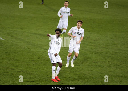 Swansea, UK. 02nd Apr, 2019. Nathan Dyer of Swansea city (12) celebrates after he scores his teams 2nd goal. EFL Skybet championship match, Swansea city v Brentford at the Liberty Stadium in Swansea, South Wales on Tuesday 2nd April 2019.  this image may only be used for Editorial purposes. Editorial use only, license required for commercial use. No use in betting, games or a single club/league/player publications. pic by Andrew Orchard/Andrew Orchard sports photography/Alamy Live news Stock Photo