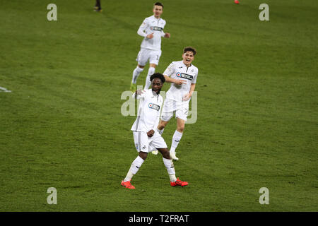 Swansea, UK. 02nd Apr, 2019. Nathan Dyer of Swansea city (12) celebrates after he scores his teams 2nd goal. EFL Skybet championship match, Swansea city v Brentford at the Liberty Stadium in Swansea, South Wales on Tuesday 2nd April 2019.  this image may only be used for Editorial purposes. Editorial use only, license required for commercial use. No use in betting, games or a single club/league/player publications. pic by Andrew Orchard/Andrew Orchard sports photography/Alamy Live news Stock Photo