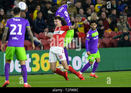 Middlesbrough, UK. 2nd Apr, 2019. Dael Fry and Famara Diedhiou clash during the Sky Bet Championship match between Middlesbrough and Bristol City at the Riverside Stadium, Middlesbrough on Tuesday 2nd April 2019. (Credit: Tom Collins | Credit: MI News & Sport /Alamy Live News Stock Photo