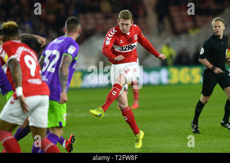 Middlesbrough, UK. 2nd Apr, 2019. George Saville has a shot at goal during the Sky Bet Championship match between Middlesbrough and Bristol City at the Riverside Stadium, Middlesbrough on Tuesday 2nd April 2019. (Credit: Tom Collins | Credit: MI News & Sport /Alamy Live News Stock Photo