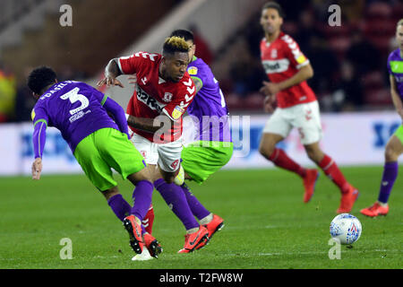 Middlesbrough, UK. 2nd Apr, 2019. Britt Assombalonga in action during the Sky Bet Championship match between Middlesbrough and Bristol City at the Riverside Stadium, Middlesbrough on Tuesday 2nd April 2019. (Credit: Tom Collins | Credit: MI News & Sport /Alamy Live News Stock Photo