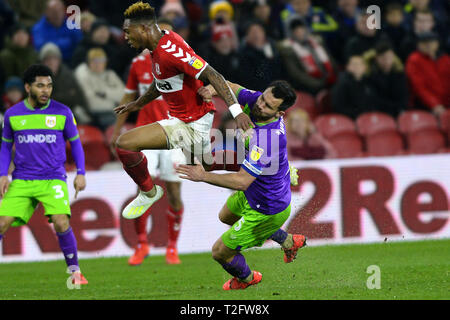 Middlesbrough, UK. 2nd Apr, 2019. Britt Assombalonga in action during the Sky Bet Championship match between Middlesbrough and Bristol City at the Riverside Stadium, Middlesbrough on Tuesday 2nd April 2019. (Credit: Tom Collins | Credit: MI News & Sport /Alamy Live News Stock Photo