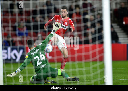 Middlesbrough, UK. 2nd Apr, 2019. Jonny Howson goes close for Middlesbrough during the Sky Bet Championship match between Middlesbrough and Bristol City at the Riverside Stadium, Middlesbrough on Tuesday 2nd April 2019. (Credit: Tom Collins | Credit: MI News & Sport /Alamy Live News Stock Photo