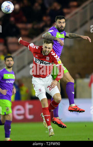 Middlesbrough, UK. 2nd Apr, 2019. Lewis Wing in action for Middlesbrough during the Sky Bet Championship match between Middlesbrough and Bristol City at the Riverside Stadium, Middlesbrough on Tuesday 2nd April 2019. (Credit: Tom Collins | Credit: MI News & Sport /Alamy Live News Stock Photo