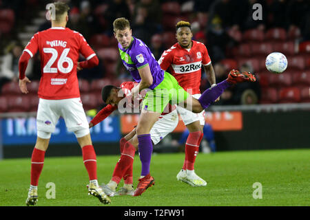 Middlesbrough, UK. 2nd Apr, 2019. Middlesbrough's Ashley Fletcher is beaten to the ball during the Sky Bet Championship match between Middlesbrough and Bristol City at the Riverside Stadium, Middlesbrough on Tuesday 2nd April 2019. (Credit: Tom Collins | Credit: MI News & Sport /Alamy Live News Stock Photo