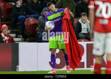 Middlesbrough, UK. 2nd Apr, 2019. The red towel incident during the Sky Bet Championship match between Middlesbrough and Bristol City at the Riverside Stadium, Middlesbrough on Tuesday 2nd April 2019. (Credit: Tom Collins | Credit: MI News & Sport /Alamy Live News Stock Photo