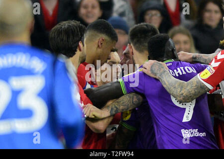 Middlesbrough, UK. 2nd Apr, 2019. Middlesbrough and Bristol City players clash during the Sky Bet Championship match between Middlesbrough and Bristol City at the Riverside Stadium, Middlesbrough on Tuesday 2nd April 2019. (Credit: Tom Collins | Credit: MI News & Sport /Alamy Live News Stock Photo