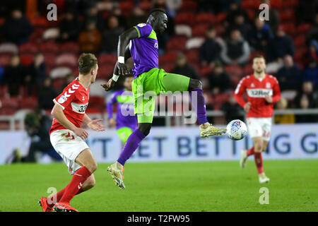 Middlesbrough, UK. 2nd Apr, 2019. Bristol City's Famara Diedhiou pictured during the Sky Bet Championship match between Middlesbrough and Bristol City at the Riverside Stadium, Middlesbrough on Tuesday 2nd April 2019. (Credit: Tom Collins | Credit: MI News & Sport /Alamy Live News Stock Photo