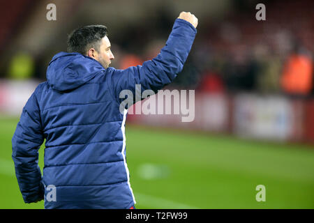 Middlesbrough, UK. 2nd Apr, 2019. Bristol City manager Lee Johnson celebrates with the fans after the Sky Bet Championship match between Middlesbrough and Bristol City at the Riverside Stadium, Middlesbrough on Tuesday 2nd April 2019. (Credit: Tom Collins | Credit: MI News & Sport /Alamy Live News Stock Photo