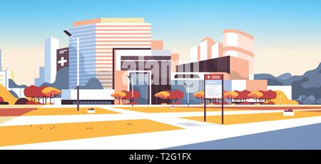 big hospital building modern medical clinic exterior with yard information board trees cityscape background outdoors in autumn flat horizontal vector  Stock Vector