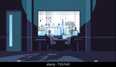 two men looking at monitors sitting behind glass window people working in co-working open space office center dark room interior surveillance security Stock Vector