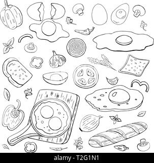 SScrambled eggs and vegetables collection.. Set of morning breakfast black and white isolated on white background. Stock Vector