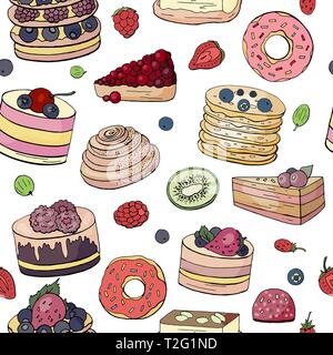 Seamless pattern with different cakes and pastry on white background. Colored cakes. Stock Vector