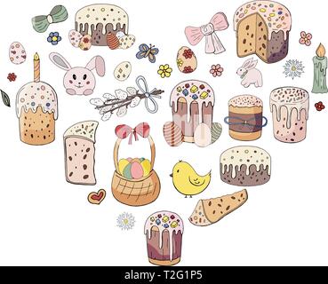 Happy Easter holiday. Easter cakes, willow twig, rabbit, chicken and flowers in heart shape isolated on white background Stock Vector
