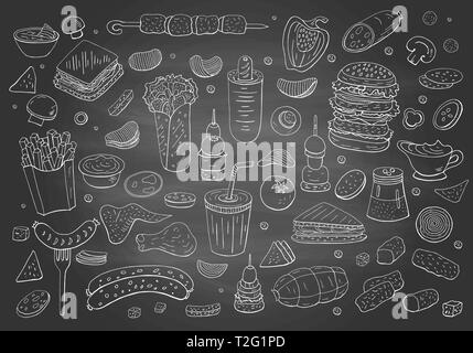 Vintage hand drawn fast food elements on chalkboard. Street food collection on blackboard for cafe menu Stock Vector