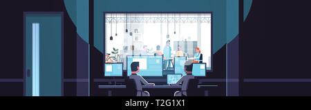 two men looking at monitors sitting behind glass window people working in co-working open space office center dark room interior surveillance security Stock Vector
