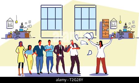 unsatisfied woman boss throwing paper documents screaming on frustrated workers bad job concept angry employer shouting employees co-working office in Stock Vector