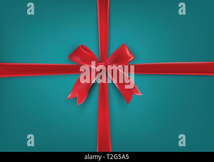 Red realistic bow on the turquoise background. Gift background Stock Vector