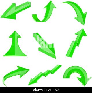 Green bent arrows. Shiny 3d icons. Vector illustration isolated on white background Stock Vector