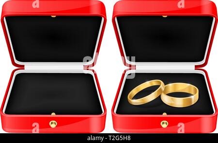Wedding rings in a red jewelry box. Vector 3d illustration isolated on white background Stock Vector