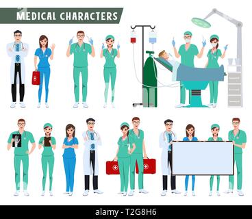Surgeon, doctor and nurse characters vector set. Medical and health care team doing surgery and presentation isolated in white. Vector illustration. Stock Vector