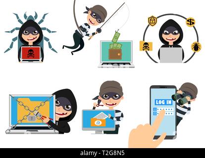 Cyber security hacker vector character set. Thief hacking computer stealing online password and login information. Vector illustration. Stock Vector