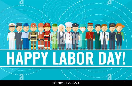 International labor day. Happy labor day poster or flyer template with group of people of different professions. Holiday flat vector. Stock Vector