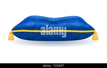 blue satin pillow with gold rope and tassels vector illustration isolated on white background Stock Vector