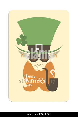 Flat illustration of a leprechaun for St. Patrick day. The stylised character wears round glasses and smokes the pipe. Stock Vector