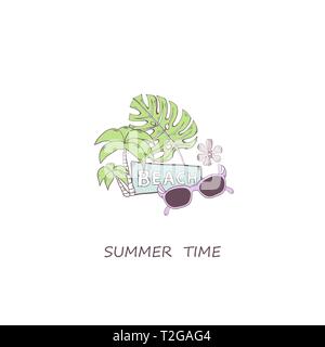 Summer time vector concept with sunglasses,green palms,flovers, pointer beach and tropical leaves isolated on a white background with text Stock Vector