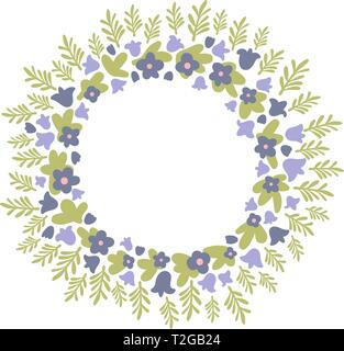 Round violet, green and blue spring floral vector wreath with bells and forget-me-nots Stock Vector