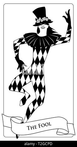 Major Arcana Tarot Cards. The Fool. Joker with top hat decorated with flowers, mask and rhombus suit dancing Stock Vector