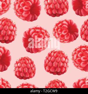 Raspberries seamless pattern. 3d realistic vector berries on pink background. Stock Vector