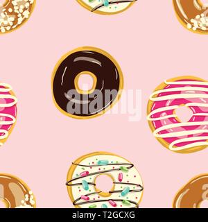 Glazed Donuts seamless patternVector. Doughnuts into color caramel and chocolate glaze. Sweet cute Cartoon style backgeound Stock Vector