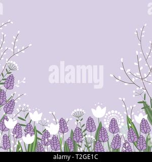 Vector spring flowers colorful card. Willow branches, hyacinths and tulip flowers. Place for text Stock Vector