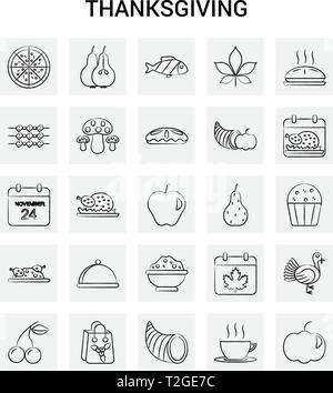25 Hand Drawn Thanksgiving  icon set. Gray Background Vector Doodle Stock Vector