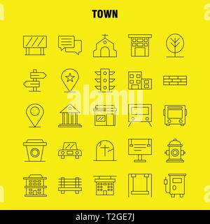 Town Line Icons Set For Infographics, Mobile UX/UI Kit And Print Design. Include: Location, Map, Town, Church, House, Town, Park, Playground, Icon Set Stock Vector