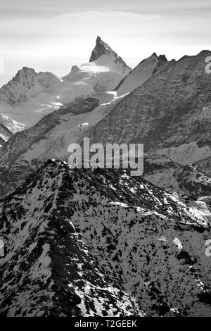 Monochrome of the Zinalrhothorn in the Southern Swiss Alps between Zinal and Zermatt Stock Photo