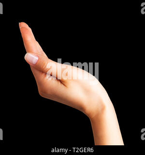 Woman showing open hand or holding something on black background. Isolated with clipping path. Stock Photo