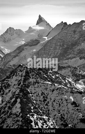 Monochrome of the Zinalrhothorn in the Southern Swiss Alps between Zinal and Zermatt Stock Photo