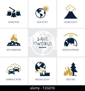 Ecology icons set in flat style ecology, renewable energy, global warming problem, environmental protection, waste recycling scalable quality vector i Stock Vector