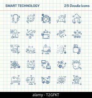 Smart Technology 25 Doodle Icons. Hand Drawn Business Icon set Stock Vector