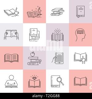 University and school symbols. Line style. Books set in flat design style isolated on white background, vector illustration. E-learning symbols Educat Stock Vector