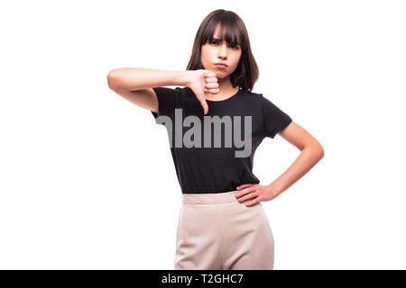 Half-length portrait of woman thumbing down, isolated on white Stock Photo