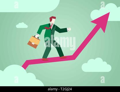 Businessman flying graph arrow on sky. Financial subordinates business success and development. Concept flat design vector illustration clip art Stock Vector